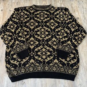 Alfred Dunner Gold and Black Vintage Knit Sweater Women's Medium Oversized